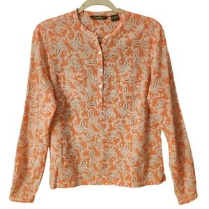 Eddie Bauer Women's 100% Cotton Orange Paisley Cotton Henley Pockets Top, Medium